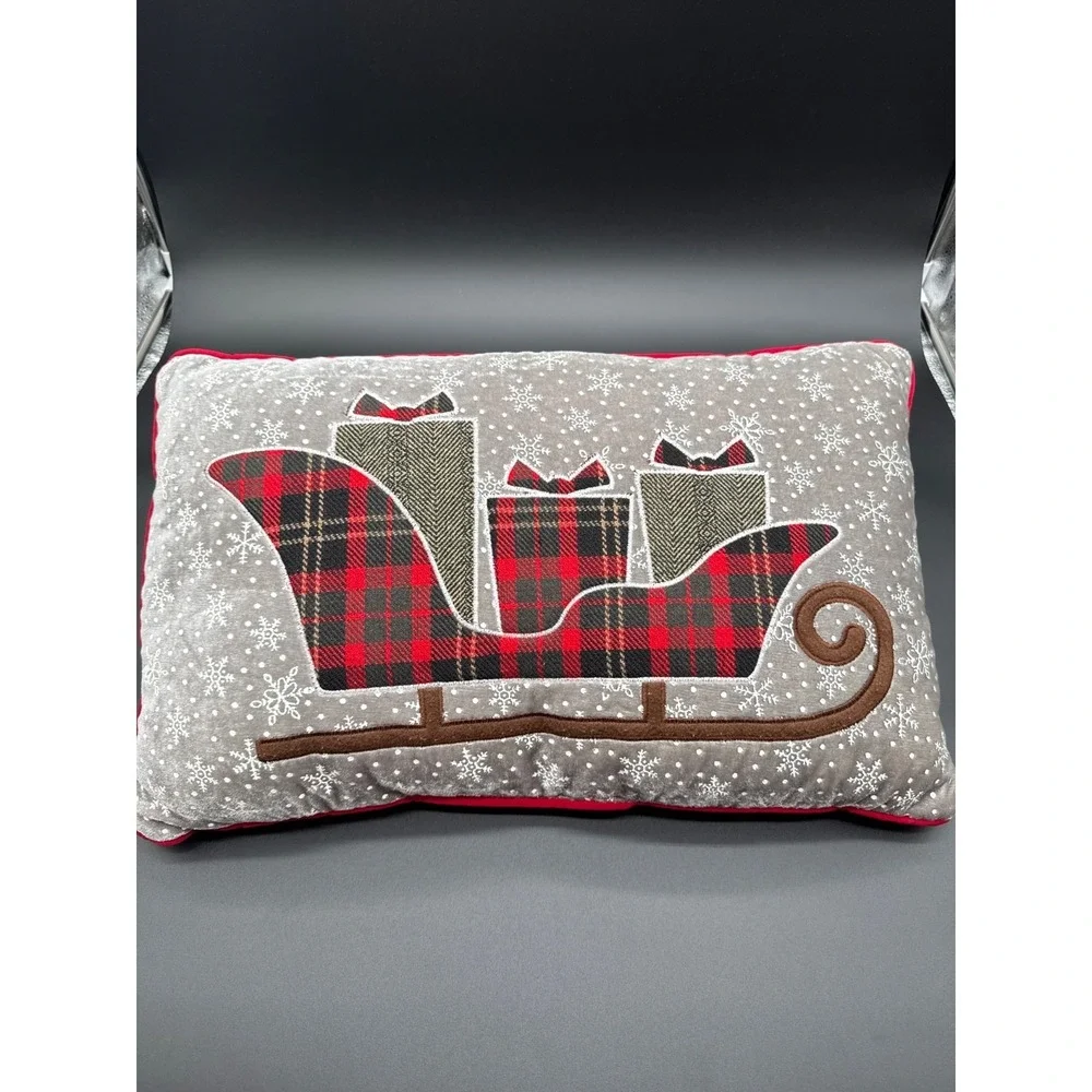Santa Sleigh and Snowflake Christmas Throw Pillow/Red Trim -Soft Velvet Material